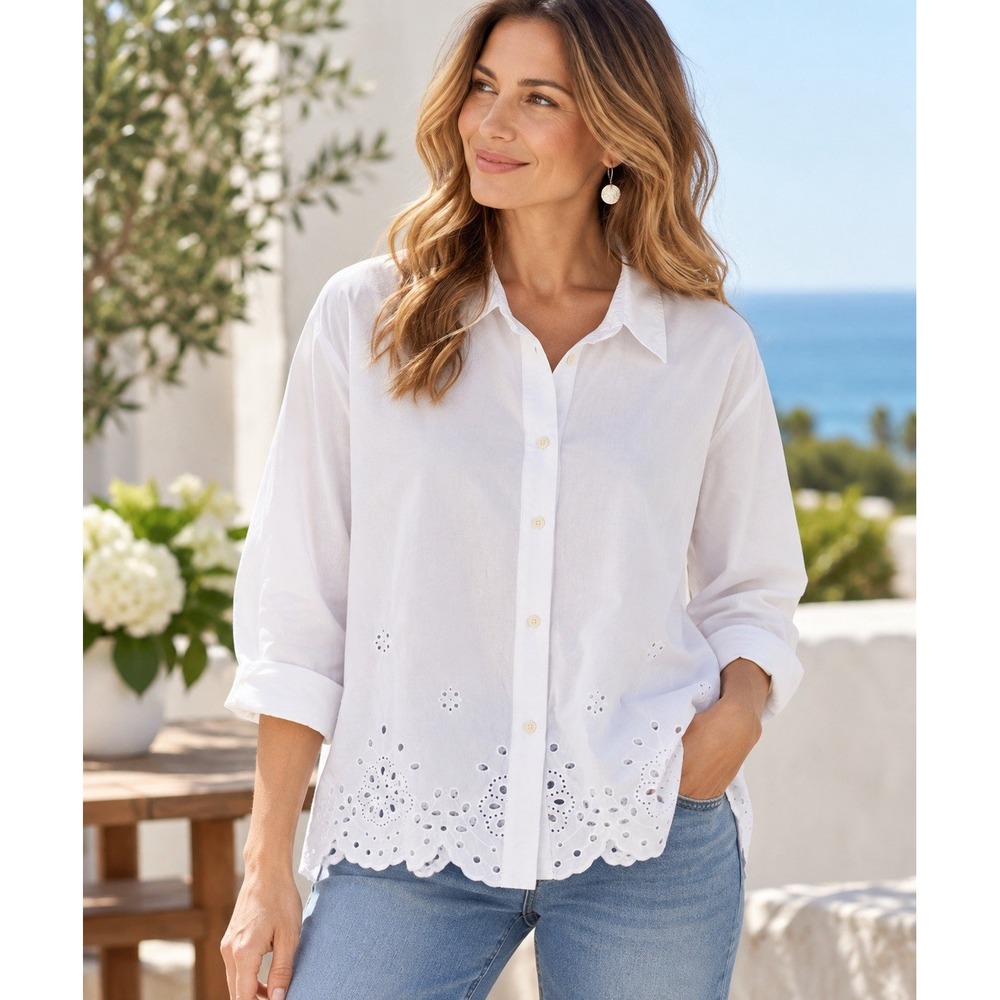 GAP White Eyelet Embroidered Button Down Shirt Long Sleeve Classic Fit Women XL